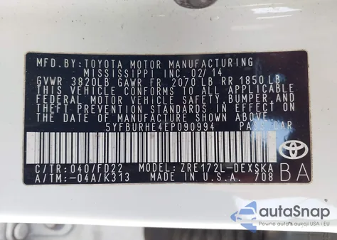 2014 Toyota Corolla S Plus из США, поврежденный, VIN 5YFBURHE4EP090994